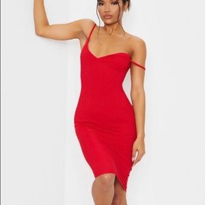 PRETTY LITTLE THING RIBBED PLUNGE MIDI DRESS